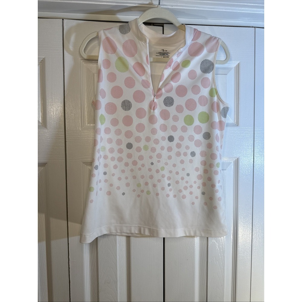 Page Tuttle Polo Shirt Womens Medium Sleeveless White Circles Pattern Cool Swing